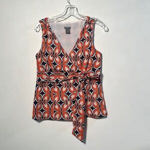 ANN TAYLOR Resort Preppy Geometric Wrap/Empire Belt V-Neck Navy/Orange Top SZ 4